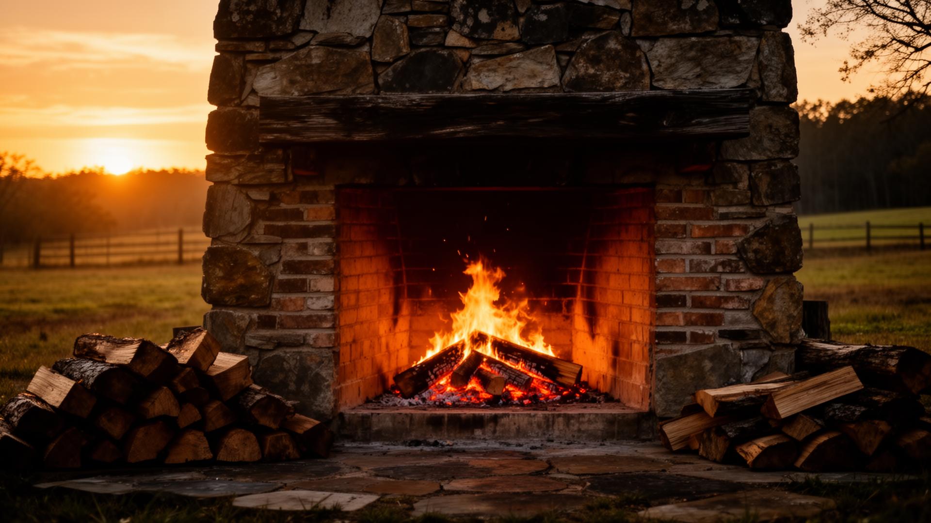 Stone fireplace at sunset with stacked firewood